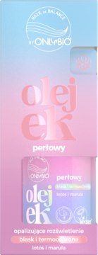 Opakowanie olejku perłowego OnlyBio HAIR in BALANCE, niebiesko-różowe, z hasłem „blask i termoochrona”.