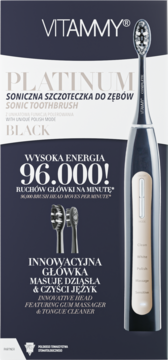 Vitammy Platinum Black szczoteczka soniczna w czarnym opakowaniu. 96.000 ruchów, głowica masująca dziąsła i język.