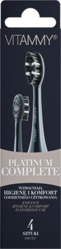 VITAMMY Platinum Complete końcówki do szczoteczki sonicznej w ciemnym opakowaniu, 4 sztuki. Z przodu dwie czarne główki.
