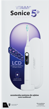 Białe opakowanie szczoteczki sonicznej VITAMMY Sonice 5+ z inteligentnym wyświetlaczem LCD i etui.