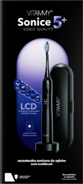 Pudełko z czarną szczoteczką Vitammy Sonice 5+ z LCD, etui, stacją ładowania USB-C i fioletowym podświetleniem.