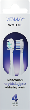 Białe opakowanie Vitammy White+ z 4 sonicznymi końcówkami wybielającymi, widoczne dwie główki z niebieskimi włóknami.