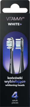 Vitammy White+ – 4 wybielające główki do szczoteczek sonicznych 5+ i 3, w czarnym opakowaniu. Widok z przodu.