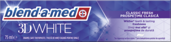 Opakowanie pasty Blend-a-med 3D White Classic Fresh, niebieskie, 75ml, widok z przodu. Wybiela zęby i zapewnia świeżość.