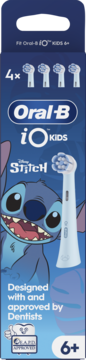 Niebieskie opakowanie Oral-B iO Kids 6+ z końcówkami 4x do szczoteczki, Disney Stitch i aprobatą dentystów.