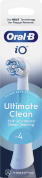 Oral-B iO Ultimate Clean końcówki szczoteczki x4, białe opakowanie, do głębokiego czyszczenia, przód.
