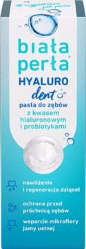 Biała Perła HYALURO dent, pasta do zębów z kwasem hialuronowym i probiotykami, na biało-niebieskim pudełku, widok z przodu, wspiera dziąsła.