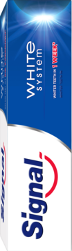 Opakowanie pasty Signal White System, wybielającej zęby w tydzień, widok z boku, niebiesko-białe.