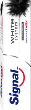 Pionowe opakowanie wybielającej pasty Signal White System z aktywnym węglem, białe, z logo Signal i wizualizacją węgla.
