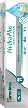 Himalaya PRO Hydra Plus Herbal Toothpaste, biało-srebrne pudełko z grafiką wody, poprawia nawilżenie ust, pod kątem.