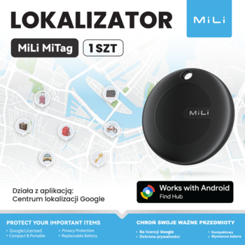 Czarny okrągły lokalizator MiLi MiTag, widoczny na mapie z ikonami, wspiera Google Find Hub Android.