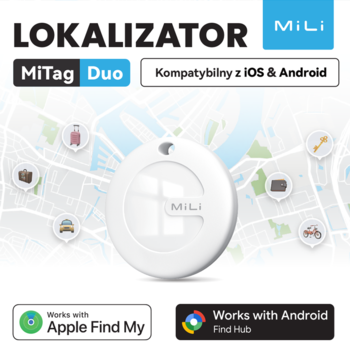 Biały lokalizator MiLi MiTag Duo na tle mapy, kompatybilny z iOS i Android. Widok z przodu.