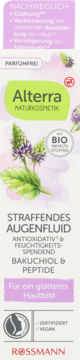 Alterra Straffendes Augenfluid z Bakuchiolem i Peptydami. Wegański, bezzapachowy Rossmann. Białe opakowanie z fioletem, widok z przodu.