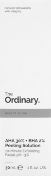 Peeling kwasowy The Ordinary AHA 30% + BHA 2% w białym kartoniku, widok z przodu, szary pasek.