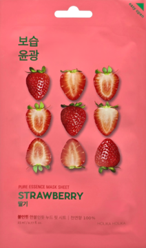 Holika Holika Pure Essence Strawberry maska, różowa saszetka z truskawkami, widok z przodu. Nawilża i rozświetla.