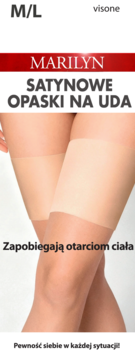 Marilyn, satynowe opaski na uda z silikonem w kolorze visone, noszone na jasnych nogach, rozmiar M/L.