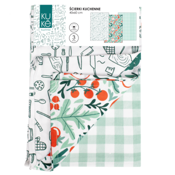 Zestaw 3 ściereczek kuchennych KUKĘ: białe z motywem kulinarnym, pomidorami i zieloną kratą, widok z przodu.