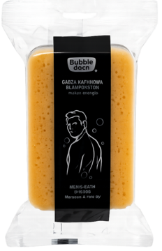 Pomarańczowa gąbka kąpielowa Bubble docn dla mężczyzn, masująca, w przezroczystym opakowaniu z czarną etykietą.