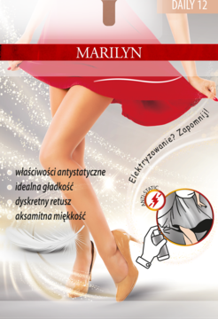 Rajstopy damskie Marilyn, półprzezroczyste, na nogach kobiety w szpilkach, z właściwościami antystatycznymi.