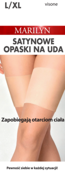 Marilyn satynowe opaski na uda L/XL w kolorze visone, widok na nogi, zapobiegające otarciom.