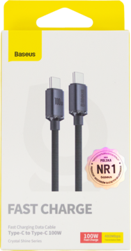 Baseus USB-C kabel 100W do szybkiego ładowania w żółto-białym pudełku, z dwoma czarnymi kablami i pieczęcią NR1.