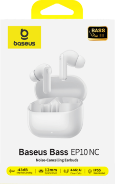 Białe Baseus Bass EP10 NC, bezprzewodowe słuchawki z ANC w otwartym etui, na białym pudełku, widok z przodu.