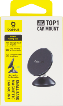 Baseus GoTrip DC1 magnetyczny uchwyt samochodowy, czarny, w białym opakowaniu z żółtą górą, widok z przodu.