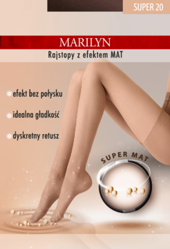 Beżowe rajstopy Marilyn Super Mat 20 DEN na nogach modelki. Reklama podkreśla gładkość i efekt bez połysku.