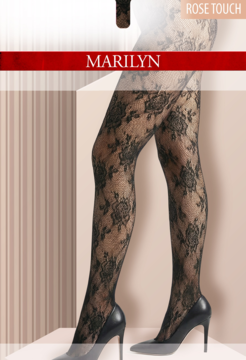 Czarne kabaretki Marilyn w wyrazisty kwiatowy wzór róż, noszone na nogach modelki z czarnymi szpilkami.