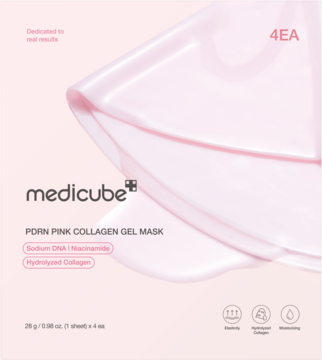 Medicube Porn Pink Collagen Gel Mask, 4 sztuki, różowe opakowanie z hydrokolagenem. Widok z przodu, nawilżająca.