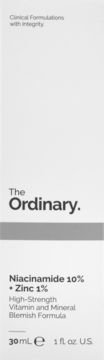 Białe pudełko serum The Ordinary Niacinamide 10% + Zinc 1%, widok z przodu, szare napisy.