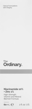 Białe opakowanie serum The Ordinary Niacinamide 10% + Zinc 1% z czarnym tekstem, formuła na niedoskonałości, widok frontalny.