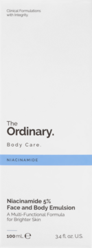 Białe pudełko The Ordinary Niacinamide 5% Emulsja do Twarzy i Ciała, widok z przodu, z napisem Body Care.