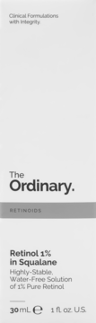 The Ordinary Retinol 1% in Squalane serum box, white packaging, front view with product details and branding.