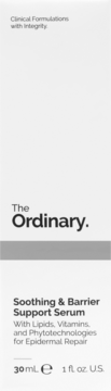 Białe opakowanie The Ordinary Soothing & Barrier Support Serum 30ml, z tekstem 'Clinical Formulations', widok z przodu.