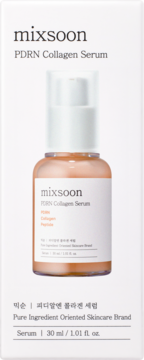 mixsoon PDRN Collagen Serum 30ml w białym pudełku, z widoczną butelką z pomarańczowym serum i pipetą.