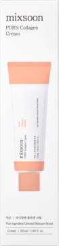 mixsoon PDRN Collagen Cream w białym kartoniku, z tubką kremu o pomarańczowych akcentach, widok z przodu.