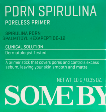 Zielone opakowanie SOME BY MI PDRN Spirulina Poreless Primer, matujący, kryjący pory, widok z przodu.
