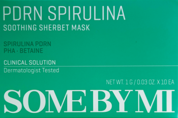 Zielone opakowanie SOMEBYMI PDRN Spirulina Soothing Sherbet Mask z białymi napisami, widok z przodu.
