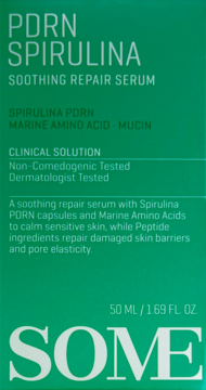 Zielone opakowanie PDRN Spirulina Soothing Repair Serum 50ml z białym tekstem. Widok z przodu, Dermatologist Tested.