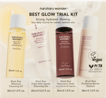 Zestaw Haruharu Wonder Best Glow Próbny: 4 butelki/tuby produktów do pielęgnacji cery z czarnym ryżem.