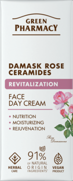 Green Pharmacy Damask Rose Ceramides Revitalization Face Day Cream. Białe pudełko, różowa róża, wegański. Widok z przodu.