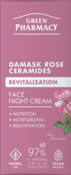 Różowy krem na noc Green Pharmacy z ceramidami i różą damasceńską, opakowanie pionowe, widok z przodu.