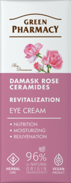 Green Pharmacy Damask Rose Eye Cream w biało-różowym opakowaniu z różami, rewitalizacja, odżywienie i nawilżenie, widok z przodu.