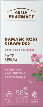 Green Pharmacy Damask Rose Ceramides serum do twarzy, biało-różowe opakowanie z grafiką róż, widok z przodu.