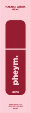 Mgiełka do ciała Pheym. Aura, Malina Wiśnia Piżmo, 125ml, w różowym kartoniku, widok z przodu.