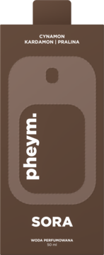 Brązowe opakowanie perfum Pheym. SORA 50ml, przód, z nutami CYNAMON KARDAMON | PRALINA.