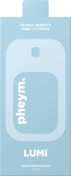 Phey.m. LUMI woda perfumowana 50 ml. Jasnoniebieskie opakowanie z jaśniejszym kształtem butelki, z herbatą, imbirem i cytryną.