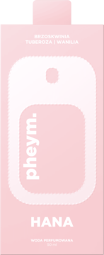 Jasnoróżowe pudełko perfum pheym. HANA (brzoskwinia, tuberoza, wanilia) 50ml, z zarysem butelki.