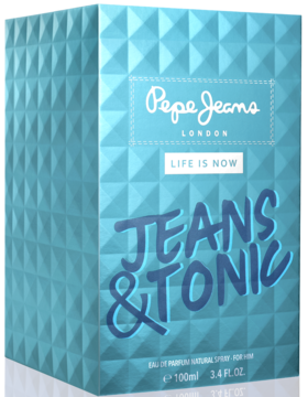 Pepe Jeans JEANS & TONIC for Him. Turkusowe pudełko EDP 100ml z geometrycznym wzorem, widok lekko z przodu.